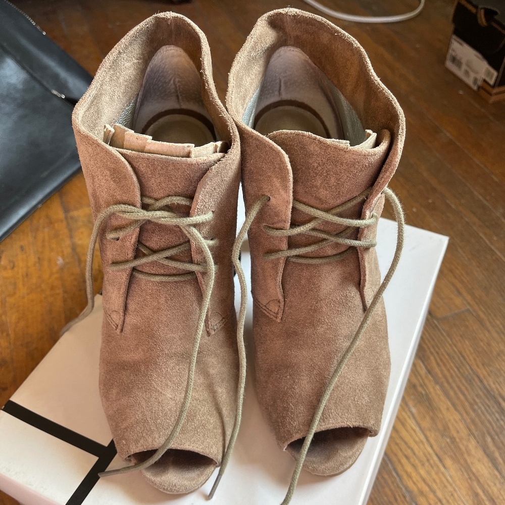 Tan suede open toe bootie- Ann Taylor